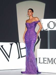 一字肩魚尾裙下擺亮片正式連衣裙 - 紫色 - 查看 4