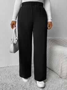 SHEIN LUNE Pantaloni casual comodi a vita elastica e gamba dritta di colore unito per taglie forti donna - nero - Visualizzare 5