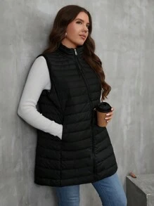 SHEIN LUNE Chaleco sin mangas minimalista y casual con cremallera frontera, plumas y relleno sintético, talla grande, unicolor