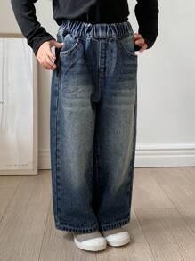 Dazy Kids Young Girl Casual Washed Elastic Waist Wide Leg Jeans