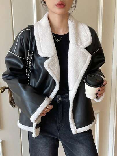 DAZY 女士撞色仿羊羔绒夹克，秋冬季皮夹克女式外套