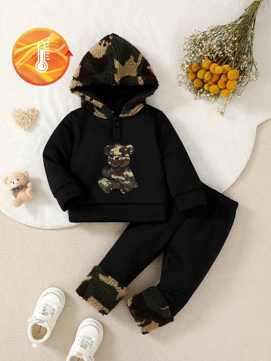 Bộ quần áo nỉ trùm đầu họa tiết gấu camo cho bé gái, mùa thu/đông - màu đen - Xem 1