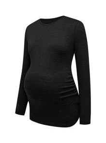 SHEIN Maternity Solid Color Long Sleeve Knit Tee, Mixed Color Tight Fit Pregnancy T-Shirt, Suitable For Teachers