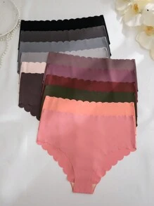 Set de 12 piezas de ropa interior sin costuras con borde ondulado de unicolor, Serie casual