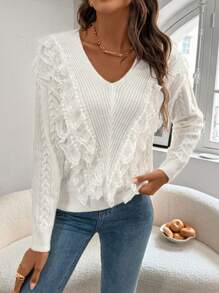 Chiquease Elegant Romantic Lace Trim V-Neck Women Sweater Knit Pullover Fall Winter Outfit - White - View 1