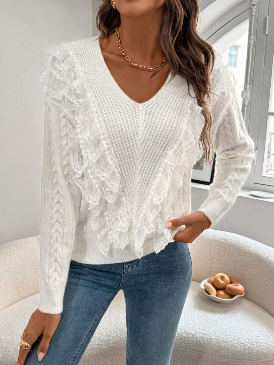Chiquease Elegant Romantic Lace Trim V-Neck Women Sweater Knit Pullover Fall Winter Outfit - White - View 1