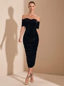 SHEIN BAE Autumn/Winter Solid Black Sexy Off-Shoulder Short Sleeve Ruched Mid-Length Bodycon Party Dress, Suitable For Cocktail Party, Romantic Date, Layering, Gatherings, Weddings, Halloween, Christmas