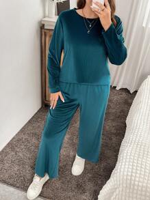 SHEIN LUNE Plus Size Casual Solid Color Ribbed Flannel Drop Shoulder Loose T-Shirt And Wide Leg Pants 2 Pieces Set, Autumn/Winter