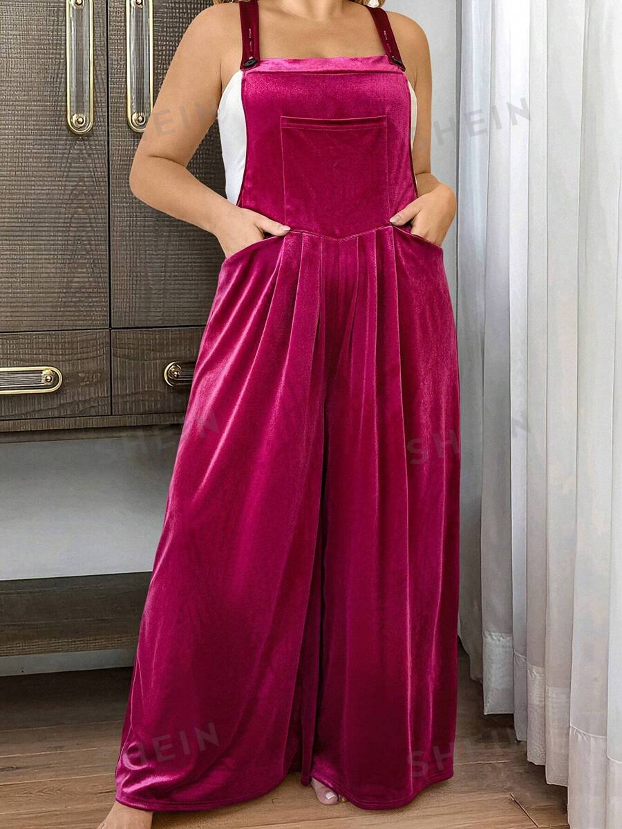 SHEIN LUNE Mono de talla grande de verano, de moda minimalista, casual, con bolsillo y piernas anchas