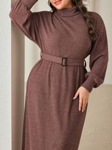 Mulvari Plus Size Solid Color Turtleneck Long Sweater Dress For Autumn/Winter - Brown - View 6