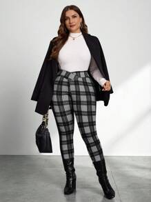 SHEIN Privé 大码优雅 V 腰修身长款通勤黑白格子复古学院风教师工作裤、下午茶休闲户外上学长裤 - 黑與白 - 查看 6