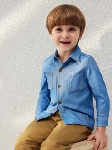 SHEIN Young Boys Elegant Blue Pocket Decor Woven Shirt With Shirt Collar, Autumn Winter - Blue - View 1