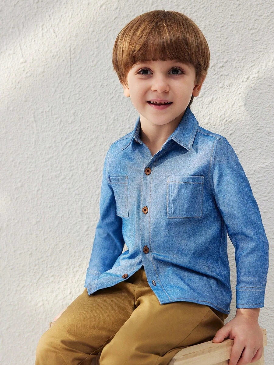 SHEIN Young Boys Elegant Blue Pocket Decor Woven Shirt With Shirt Collar, Autumn Winter - Blue - View 1