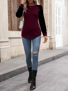 SHEIN LUNE 女士休闲撞色插肩袖长袖T恤，适合秋季日常穿着，也适合春秋季穿着。 - 彩色 - 查看 4