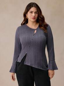 SHEIN Frenchy Plus Size Women's Elegant Asymmetric Neck Ribbed Long Sleeve Slim Fit T-Shirt,Sky Blue,Autumn,Smart Casual,Everyday,Dark Gray Soft Knit Top,FW24 - Grey - View 2