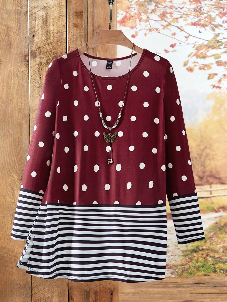 EMERY ROSE 大码休闲波尔卡圆点条纹印花长袖 T 恤，春秋季