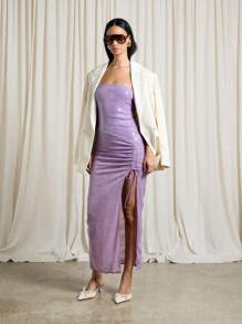 AiiRZ Vestido bandeau midi con detalle de volante, abertura lateral y lentejuelas transparentes - Morado - Ver 4