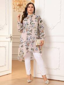 Modelyn Plus Size Front Button Stand Collar Long Sleeve Floral All-Over Print Casual Shirt - Pink - View 1