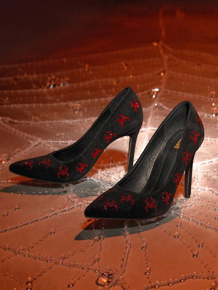 CUCCOO SZL Black, Red Rhinestone-Encrusted Spider Pattern, Pointed Toe, High Heel, Slip-On Fashion Dress Shoes For Women Halloween Witch