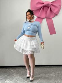 SHEIN SXY 大码女式可爱性感多层蕾丝荷叶边下摆迷你裙 - 白色 - 查看 6