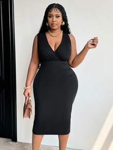 Maweii Vestido elegante negro de talla grande para mujer con escote en V, sin mangas y ajustado, conjunto de vestido largo de mujer de verano - Negro - Ver 6