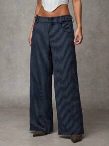 SHEIN BAE Pantalones anchos de mujer de cintura baja con botones decorativos y rayas azul marino, pantalones casuales versátiles para ir a la oficina o paseo