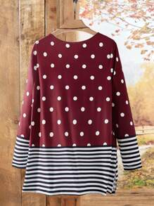 EMERY ROSE 大码休闲波尔卡圆点条纹印花长袖 T 恤，春秋季