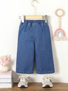 SHEIN 女婴宽松轻便休闲度假牛仔裤 - 深色水洗藍 - 查看 2