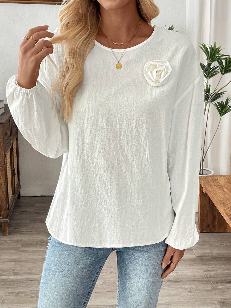 Women Casual Solid Color Dropped Shoulder Loose Fit Decorative Floral Applique Shirt, Spring & Autumn