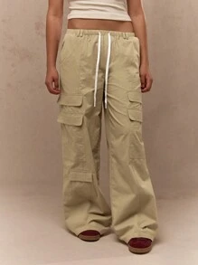 MISSGUIDED Wide Leg Cargo Pants With Drawstrings - Khaki - View 1