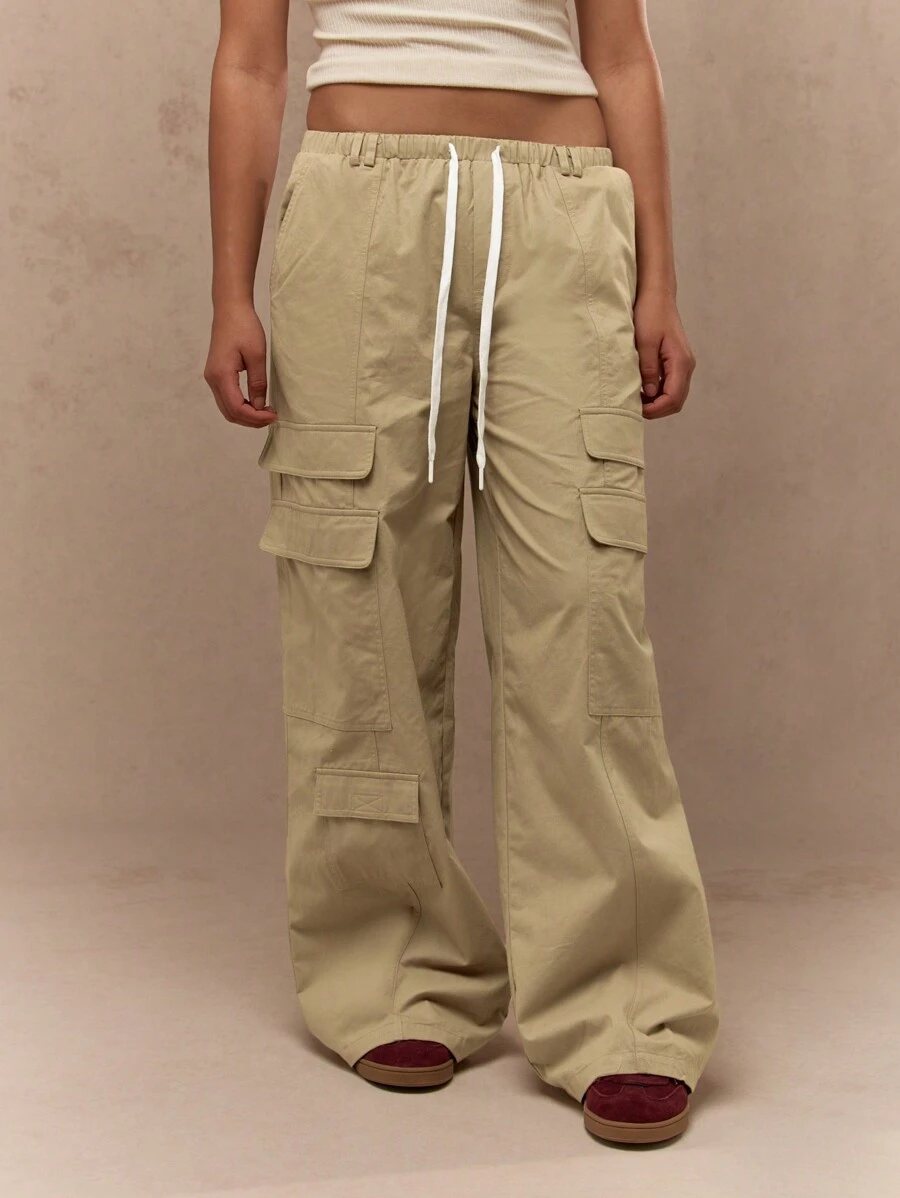 MISSGUIDED Wide Leg Cargo Pants With Drawstrings - Khaki - View 1