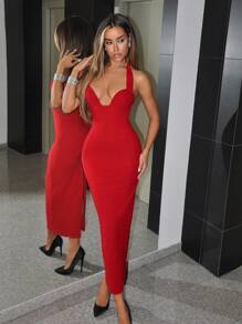 SHEIN ICON Ui 女士镂空领口长款紧身连衣裙 - 紅色 - 查看 1