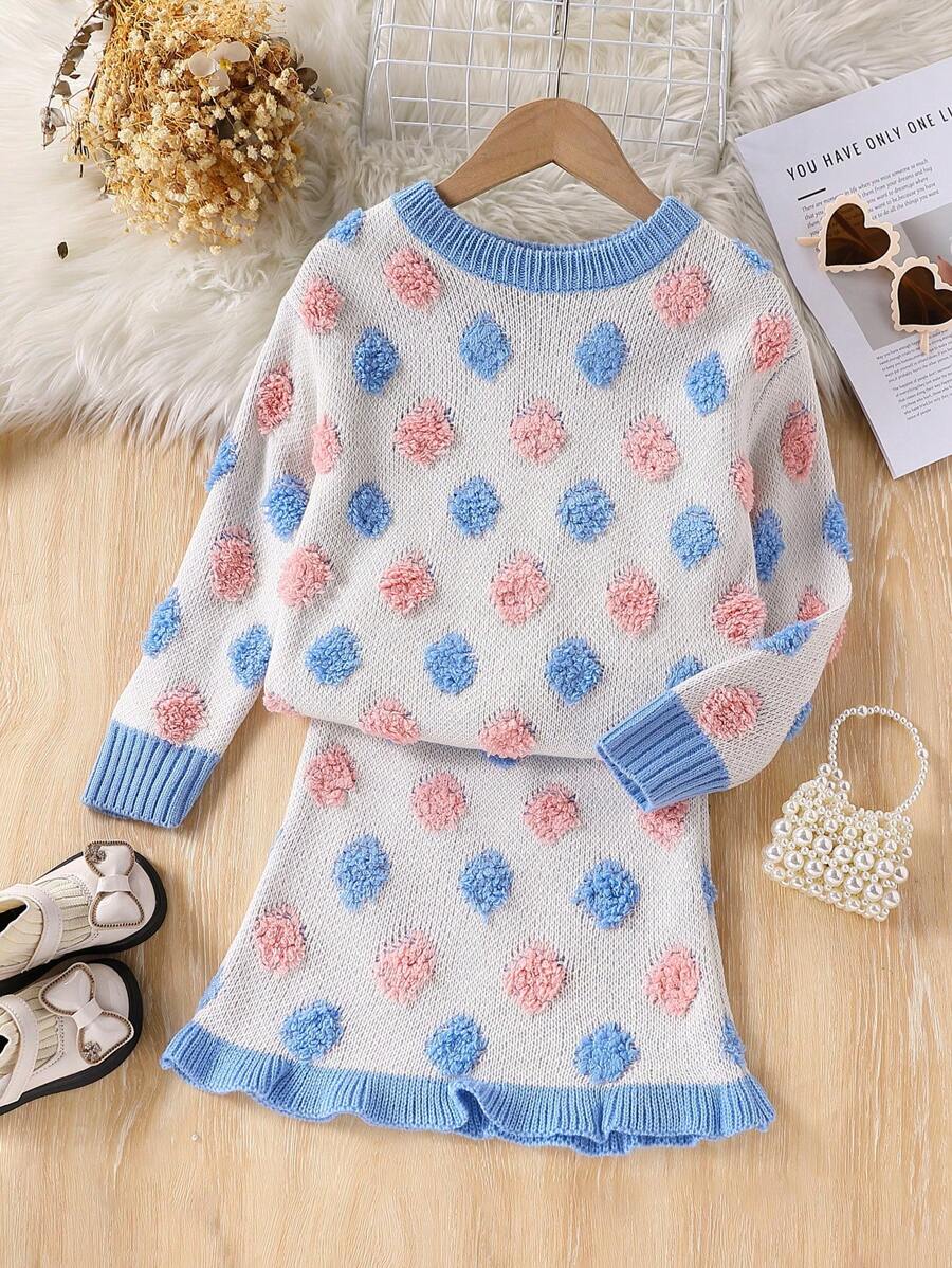 2pcs Set For Young Girls, Adorable Polka Dot Pullover Sweater And Bodycon Skirt Set, Fashionable Cute Naughty Knitwear Outfit For Girls - Blue and White - View 1