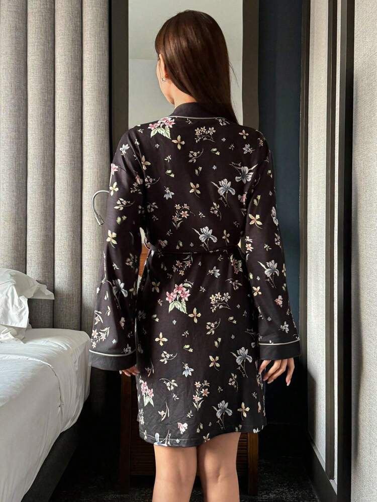 Floral All Over Print Long Sleeve Tie Waist Loose Robe Pajama
