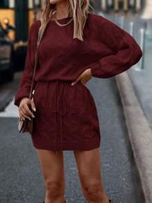 SHEIN LUNE Women's Solid Color Round Neck Long Sleeve Casual Knit Sweater Dress, Suitable For Autumn/Winter For New Year Clothes