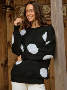 LanaWest 新款时尚宽松休闲针织套头衫，女士超大款，秋冬款 - 黑與白 - 查看 1