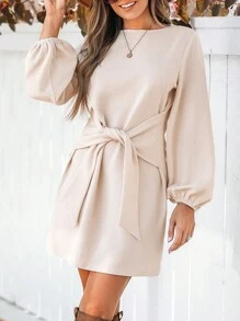 SHEIN VCAY Women's Round Neck Front Tie Lantern Sleeve Casual Vacation Knit Dress,Back To School For Daily Wear,Fall Outfits,Commute,Minimalist,Office,Old Money,Simple,Teacher Clothes,Thanksgiving Women Outfit,Long Sleeve Women Dress