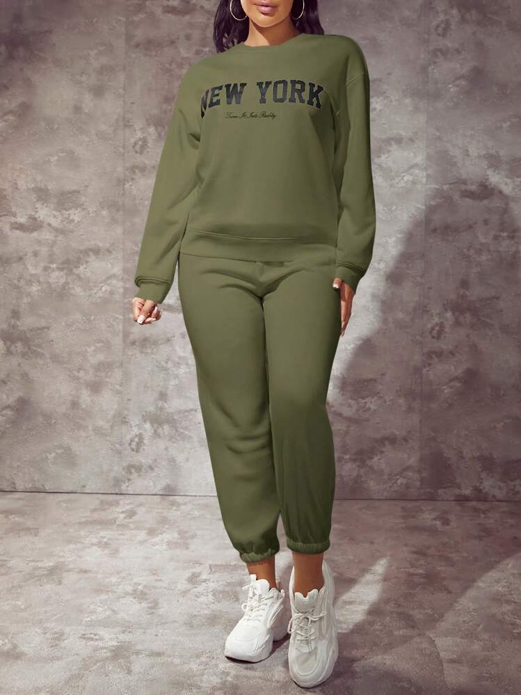 SHEIN SXY Women's Casual Letter Print Dropped Shoulder Loose Olive Green Sweatshirt, Spring Autumn - Army Green - View 3