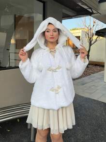SHEIN MOOSTA Plus Size 1pc Adorable, Quirky, Elegant, Sweet Regular White Rabbit Ear Hoodie - White - View 3