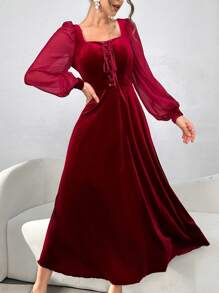Modelyn Women's Solid Color Front Tie Long Sleeve Simple Long Dress