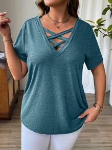 EMERY ROSE Plus Size Women Casual Solid Color Crisscross V-Neck Short Sleeve T-Shirt, Summer - Teal Blue - View 5