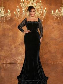 Glamrae Plus Size Black Strapless Corset Contrast Lace Sexy Sheer High Waisted Slim Mermaid Elegant Evening Dress, Formal Prom Gown, For Wedding Guest, Graduation, Dinner - Black - View 7