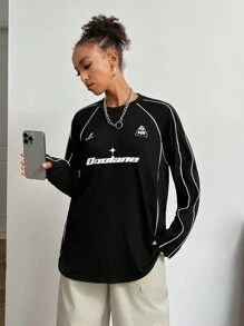 SHEIN EZwear Women's Fall Streetwear Basic Casual Knit Letter Print Stretchy Banded Texture Decoration	Comfy Black Over Size Round Neck Raglan Sleeve Long Sleeve T-Shirt Football Jersey ,Couple Same Style