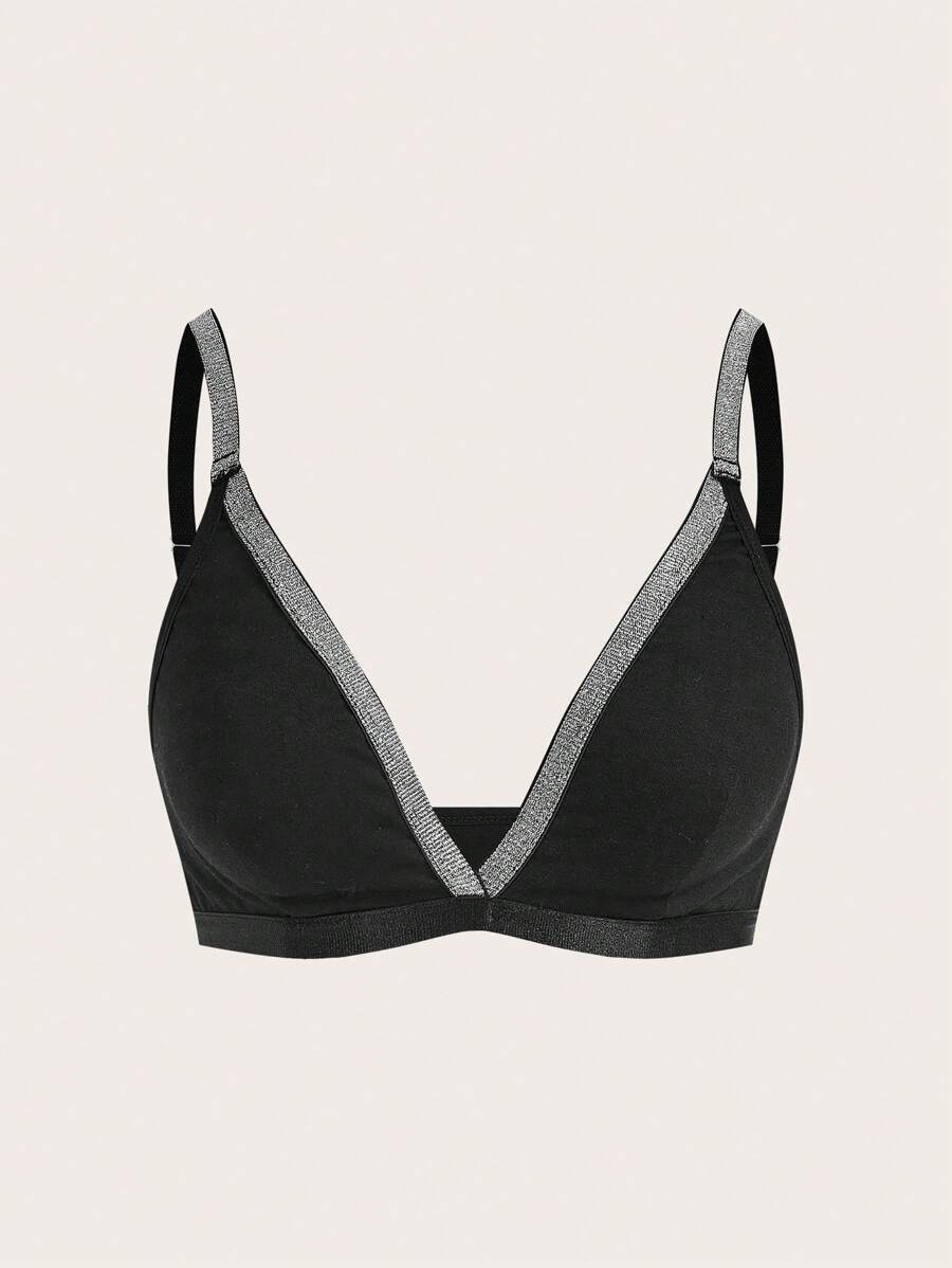 1pc Women Regular Size Splice Glitter Ribbon Wire-Free Bra - Black - View 1