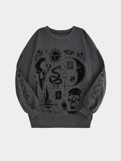 Goth Suéter De Cuello Redondo Para Mujeres De Talla Grande Con Estampado De Luna, Estrellas, Calaveras, Velas Y Serpientes En Color Oscuro