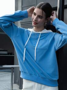 INAWLY Women's Color Block Raglan Sleeve Button Decorated Hooded Blouse, Autumn/Spring Fall Cloth For Women - Blue and White - View 4