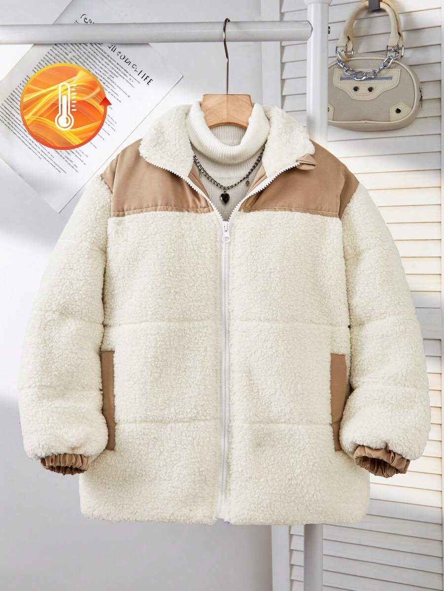 Tween Girls Colorblock Loose Fit Faux Shearling Lined Winter Warm Collared Padded Coat - Multicolor - View 1