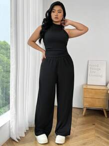 SHEIN EZwear 2 Piezas Conjunto de top halter y pantalones de talla grande para mujer, color negro