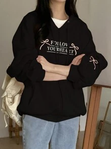 DAZY 女士蝴蝶结装饰印花和刺绣保暖内衬连帽衫运动衫、长袖上衣、秋季女装拉链夹克 - 黑色 - 查看 2