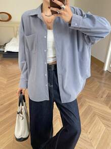 DAZY Women's Plain Regular Collar Oversized Corduroy Thick Casual Shirt